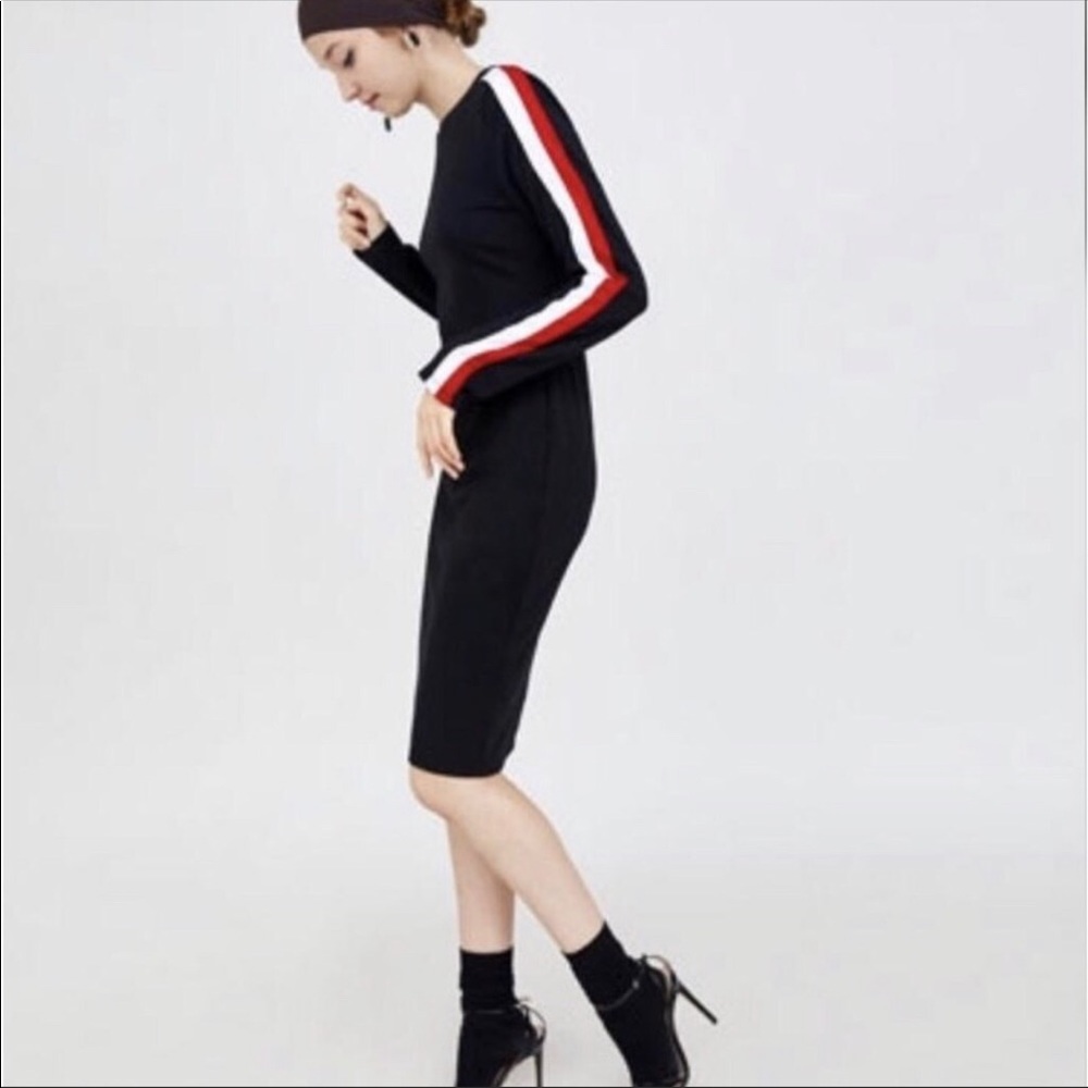 Zara Red and White Striped Sleeve Black Midi Dress
